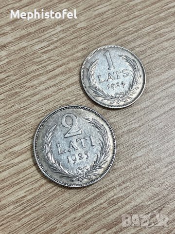 Лот Латвия 1 + 2 лати 1924-1925 г, сребърни монети 