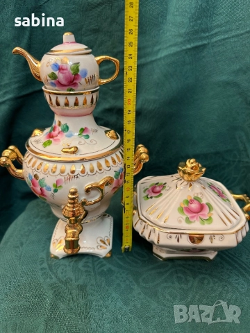 Нов комплект порцеланов самовар и захарница Гжель/Гжел, снимка 6 - Антикварни и старинни предмети - 52860180
