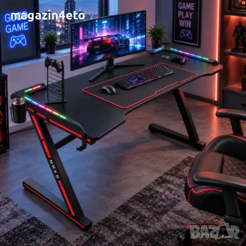 Комплект геймърско бюро с LED осветление и аксесоари и геймърски стол с RGB LED осветление