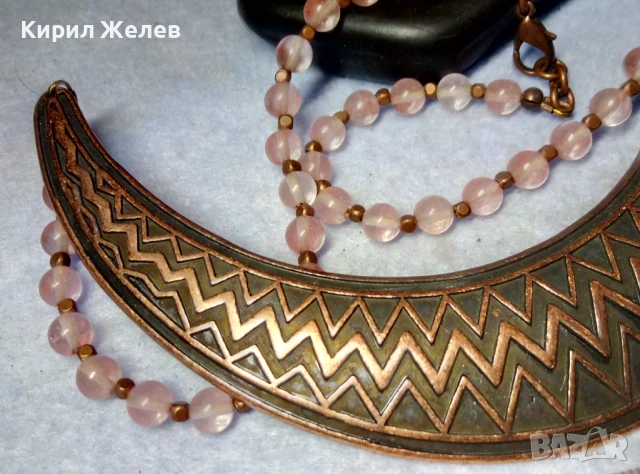 РАЗКОШНА ОРНАМЕНТИРАНА МЕДНА ОГЪРЛИЦА с РОЗОВ КВАРЦ РЕТРО АРТ БИЖУ 41793, снимка 7 - Колиета, медальони, синджири - 51371662