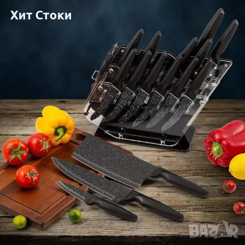 Комплект кухненски ножове 17 части със стойка и ножица от неръждаема стомана, снимка 2 - Прибори за хранене, готвене и сервиране - 55970068