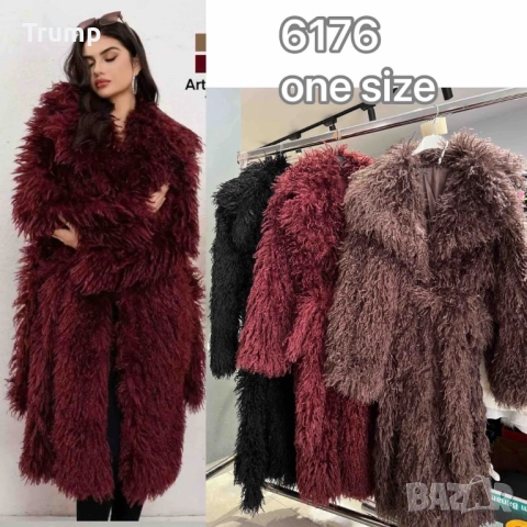 Хит на сезона ! Дълго палто еко косъм тип пудел, кафяво, снимка 3 - Палта, манта - 52182486