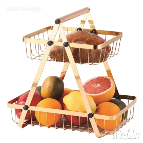 Двуетажна метална поставка за плодове Cheffinger – златист дизайн, компактна и стабилна, снимка 3 - Аксесоари за кухня - 53180648