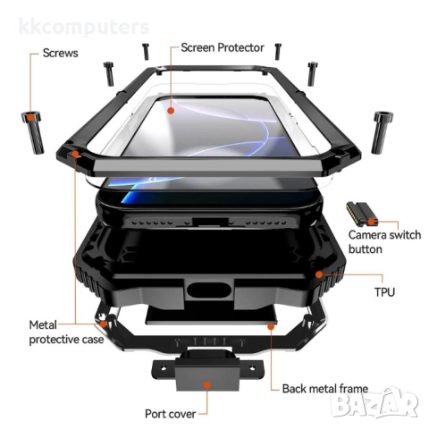 R-JUST Калъф с Протектор за iPhone 17 Pro Max | Удароустойчив, Водоустойчив (IP54) | Вграден стойка, снимка 5 - Калъфи, кейсове - 52052204