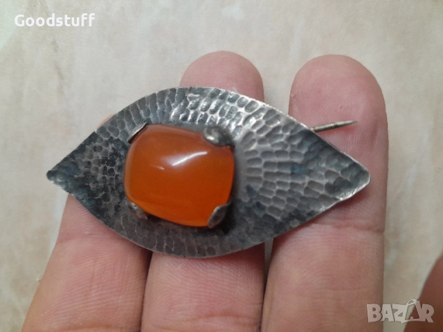 Сребърна, карнеол, брошка в стил арт нуво, ръчна изработка 