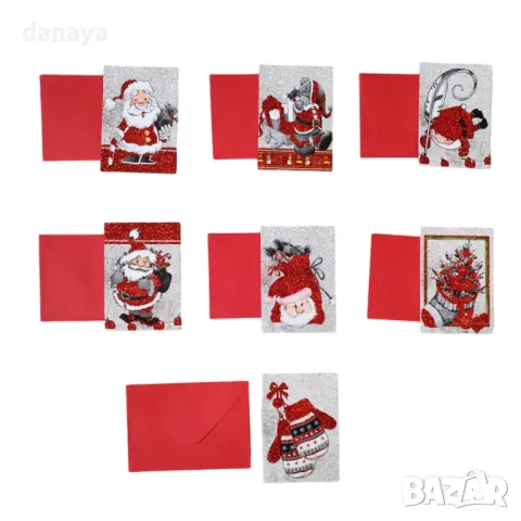 5290 Мини брокатени коледни картички с червен плик, снимка 4 - Декорация за дома - 47647823