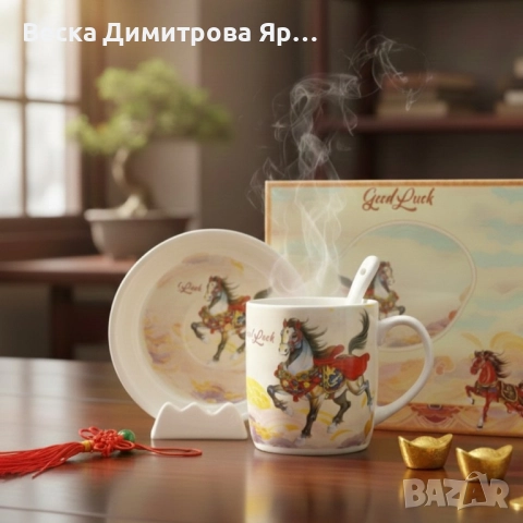 Подаръчен късметлийски порцеланов комплект – чаша, чинийка и лъжичка с празничен дизайн на коне, снимка 5 - Коледни подаръци - 52587317