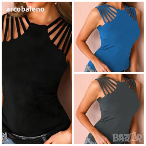 Едноцветен дамски топ с кухи рамена и плетено деколте, 3цвята - 023