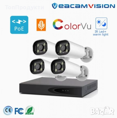 Комплект 4бр AI Smart камери с пълноцветно нощно виждане и NVR за професионално видеонаблюдение