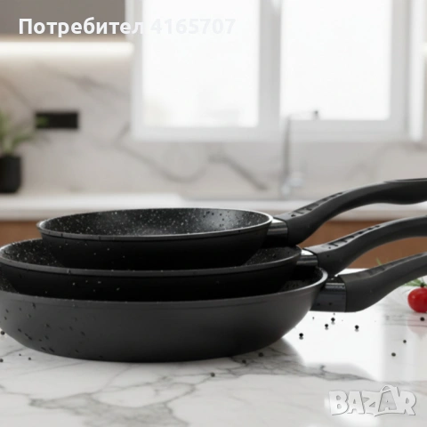 Комплект тигани Cheffinger с мраморно покритие – 3 части за всяка кухня - черен цвят, снимка 2 - Съдове за готвене - 53149716