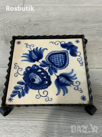 Старинна  поставка за горещо от ковано желязо и керамика , снимка 6 - Други - 53399647