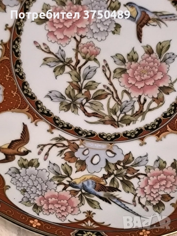 Красива японска чиния,украсена с цветя,птици и златни акценти -21 см, снимка 4 - Антикварни и старинни предмети - 52220849