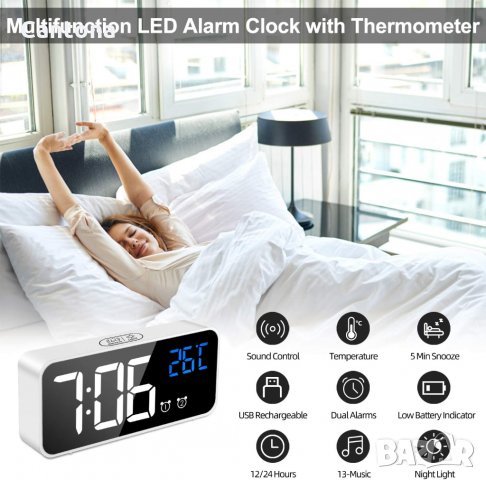 LED будилник, температура, акумулатор, Snooze, регулируема сила на звука и яркост, 13 мелодии, снимка 2 - Друга електроника - 33881668