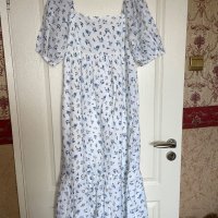 Нова 100% памук памучна  елегантна бяла романтична еж  буфан ръкав рокля флорален принт сини цветя , снимка 2 - Рокли - 41865954