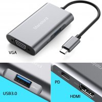 USB C хъб Manelord, VGA, 4K HDMI, двоен дисплей, 87W PD порт, USB 3.0, снимка 2 - Други - 35723486