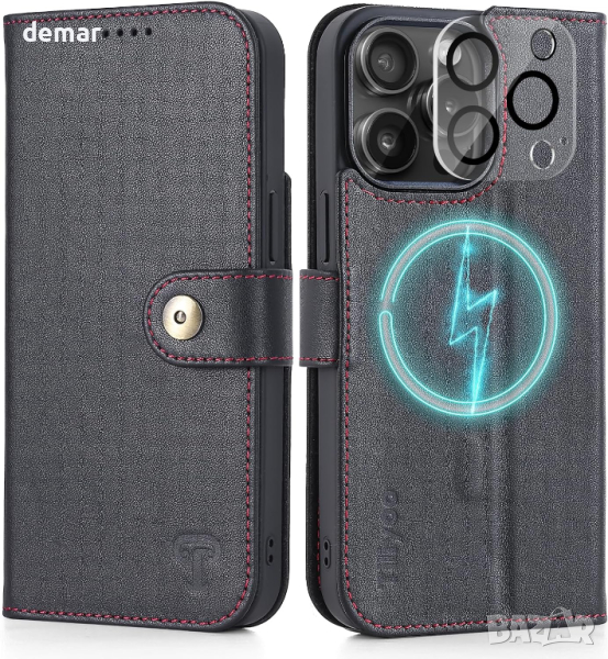 TILIYOO Калъф от естествена кожа  с Magsafe за iPhone 15 Pro Max, 6.7'', черен, снимка 1