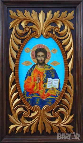 Икона " Исус Христос Вседержител ", дърворезба, иконопис, снимка 1