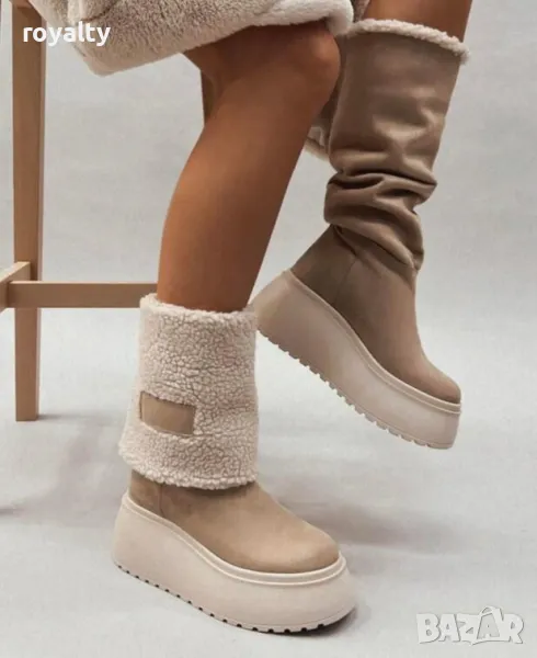 Боти на платформа - бежов велур, снимка 1