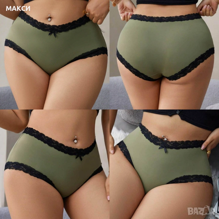 Макси луксозни еластични бикини с висока талия и красива черна дантела в пастелно зелено, снимка 1