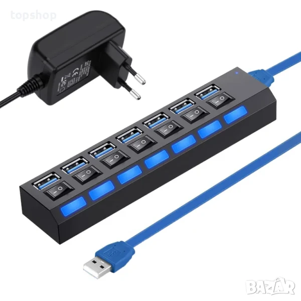 НОВ USB 3.0 хъб, 7 в 1, Малък и преносим, 7 порта, за пътуване, офис, дома, OUYLAF, Черен, снимка 1