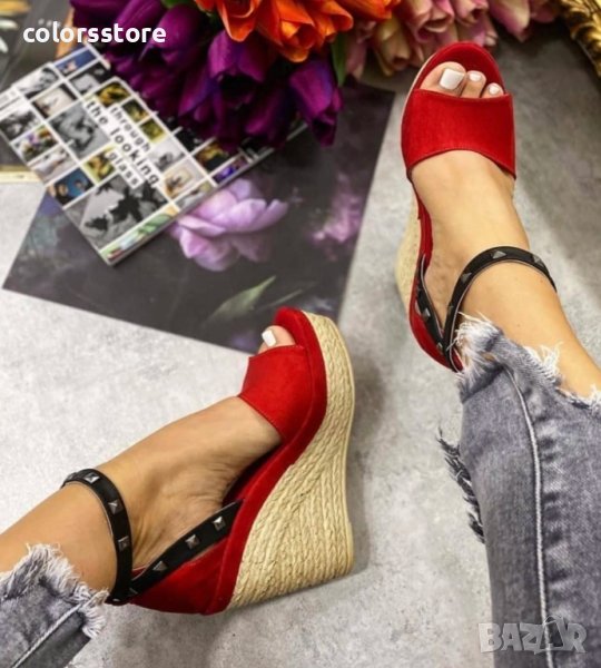 Сандали на платформа - червено с черно - 3416, снимка 1