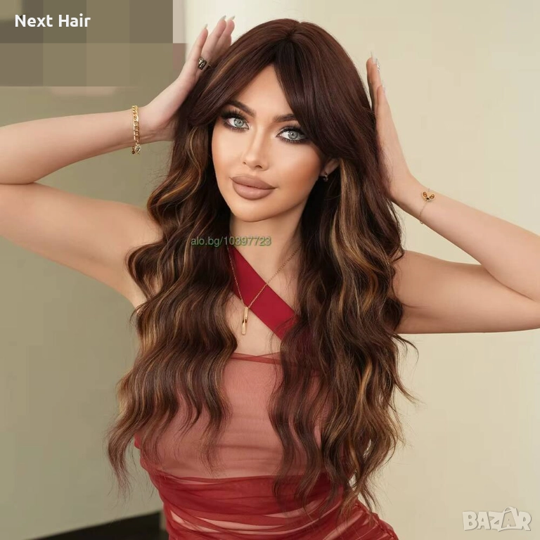 Кестенява перуса с руси кичури и дълъг бретон, снимка 1