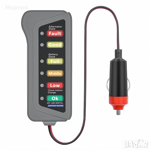 Тестер за акумулатори оловни 12V с 6 LED светлини - чрез запалка, снимка 1