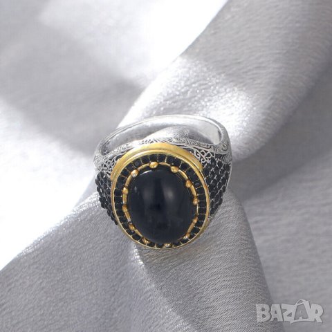 Мъжки пръстен с оникс, посребрен, снимка 2 - Пръстени - 42189313