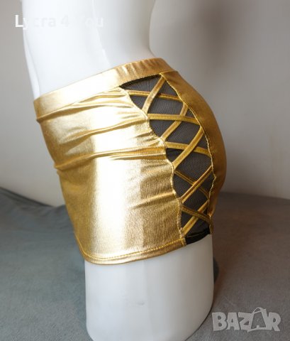 S/M къса златиста лачена пола с платки черен тюл странично, снимка 5 - Поли - 40162305