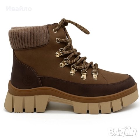 Дамски кафяви боти от еко кожа с дебела подметка и плетена яка, снимка 2 - Дамски боти - 52368156
