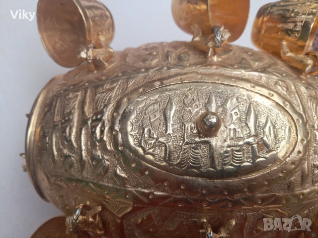 Месингово буренце с канелка с шест чаши комплект Стойка и поднос, снимка 7 - Антикварни и старинни предмети - 42299398