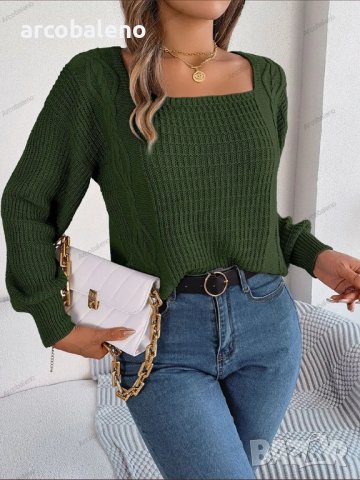 Дамски едноцветен плетен пуловер с квадратно деколте и усукани ръкави с фенери, 3цвята, снимка 5 - Блузи с дълъг ръкав и пуловери - 42237722