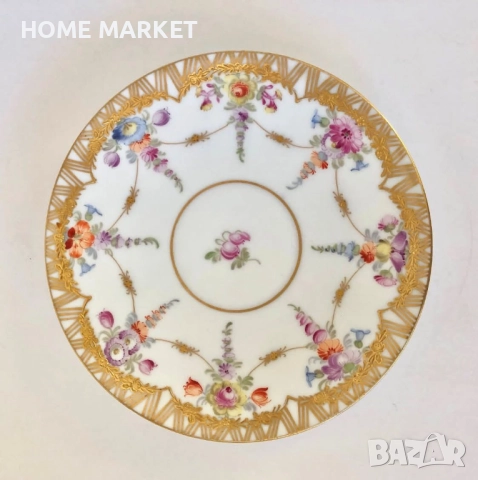 Dresden Germany  Circa 1884  Wolfsohn  Tea Cup & Saucer, Footed, Richly Gilded , снимка 4 - Антикварни и старинни предмети - 52692353