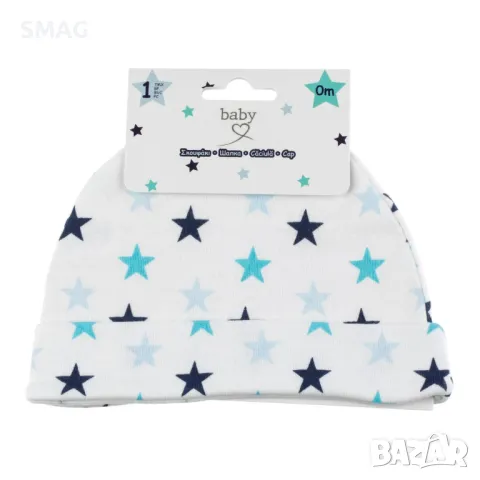 Бебешка памучна шапка бяла светло синя тюркоазено сини звездички 0+ S_1238350, снимка 2 - Бебешки шапки - 49895904