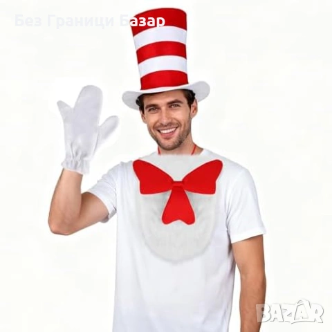 Нов Комплект котешки аксесоари – раирана шапка, папионка, ръкавици, снимка 6 - Други - 53647454