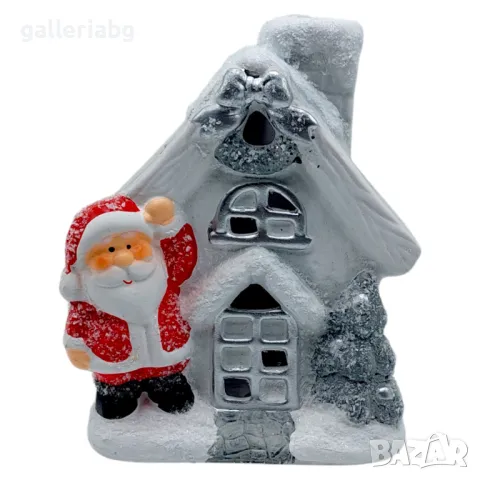 Светещ керамичен коледен сувенир Дядо коледа с къща