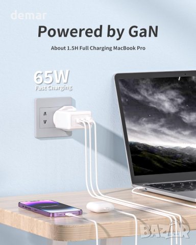 Qurzou 65W USB C адаптер GaN за бързо зареждане, снимка 3 - Друга електроника - 42521464