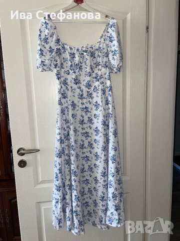 Нова елегантна ежедневна романтична дълга бяла рокля нежни сини полски цветя цепка буфан ръкав к, снимка 12 - Рокли - 42540684