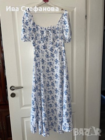 Нова елегантна ежедневна романтична дълга бяла рокля нежни сини полски цветя цепка буфан ръкав к, снимка 12 - Рокли - 42540684