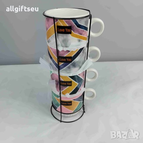 Комплект 4 чаши за кафе със стойка LOVE YOU, снимка 1 - Чаши - 44397653