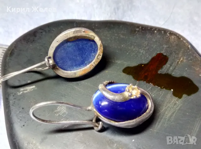 ПРЕКРАСНИ СРЕБЪРНИ ОБЕЦИ СРЕБРО 925 с ПОЛИРАНО СИНЬО КОТЕШКО ОКО АРТ ИЗРАБОТКА 49998, снимка 3 - Обеци - 50115970