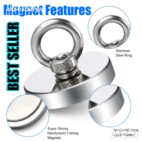 Супер Силен мощен неодимов магнит който се закача с въженце за изваждане на метални предмети от река, снимка 17 - Водни спортове - 47836658