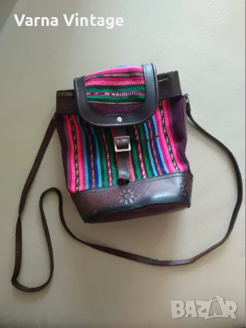  Стилна дамска чанта от естествена кожа и плат в етно стил, снимка 3 - Чанти - 49914416