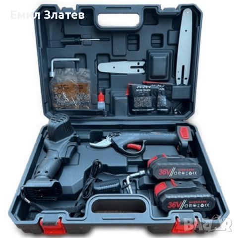 2в1 акумулаторен комплект Тайга: Лозарска ножица и трион с 2 шини и вериги, снимка 3 - Моторни триони/резачки - 52617488