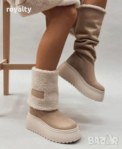 Боти на платформа - бежов велур