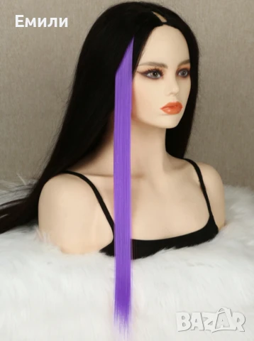 5 броя лилави кичури/екстеншъни/аксесоари за коса - синтетичен косъм, снимка 2 - Аксесоари за коса - 51105602