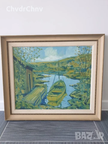 68х59см/голяма стара картина масло върху фазер/импресионизъм/пейзаж/река-лодка/дървена рамка