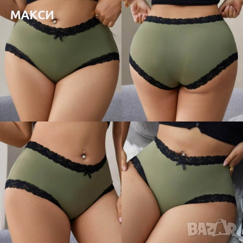 Макси луксозни еластични бикини с висока талия и красива черна дантела в пастелно зелено