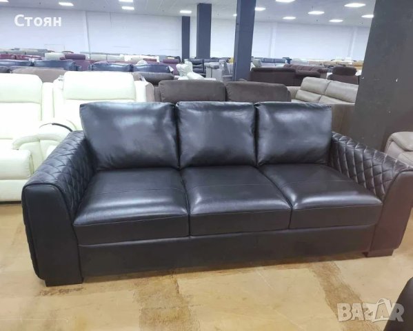 Черен кожен диван голяма тройка, снимка 6 - Дивани и мека мебел - 41534246
