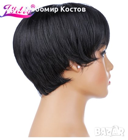 №8 Къса перука естествена черна 15 см, със свободен страничен бретон, снимка 3 - Аксесоари за коса - 41096955